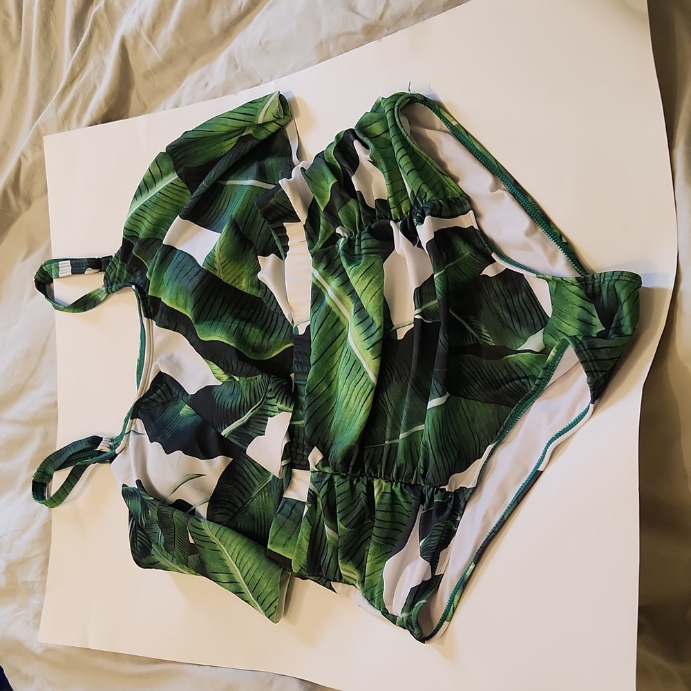 Adome high waisted bikini, tropical leaf green white XL